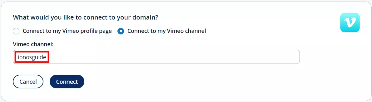 Conectar canal do Vimeo na conta de cliente IONOS Conectar canal do Vimeo na conta de cliente IONOS