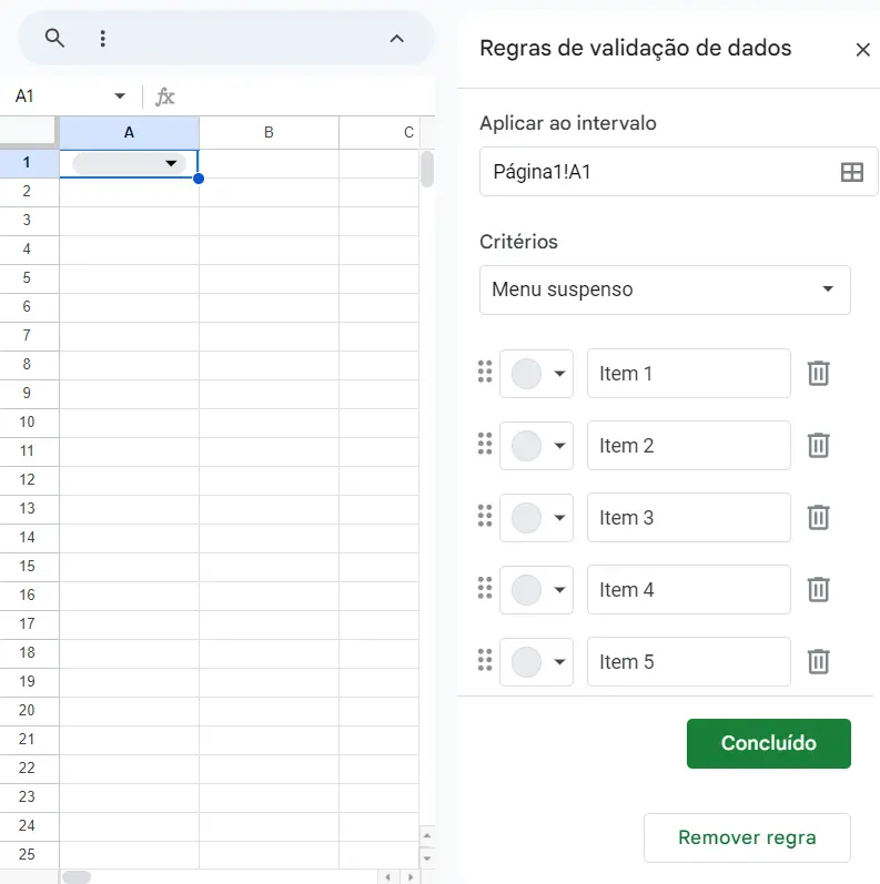 Editar lista suspensa no Google Sheets com o botão direito do mouse Imagem: Editar lista suspensa no Google Sheets com o botão direito do mouse