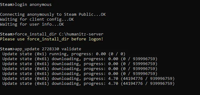 Imagem: Instalação do Servidor HumanitZ pelo SteamCMD