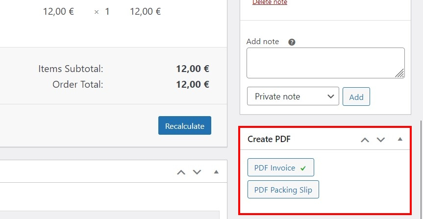 Captura de tela do menu “Criar PDF” no backend do WooCommerce Captura de tela do menu “Criar PDF” no backend do WooCommerce