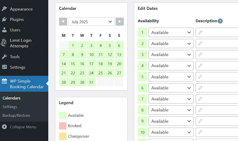 Plugin de calendário WordPress WP Simple Booking Calendar no backend do WordPress Imagem: Plugin de calendário WordPress WP Simple Booking Calendar no backend do WordPress