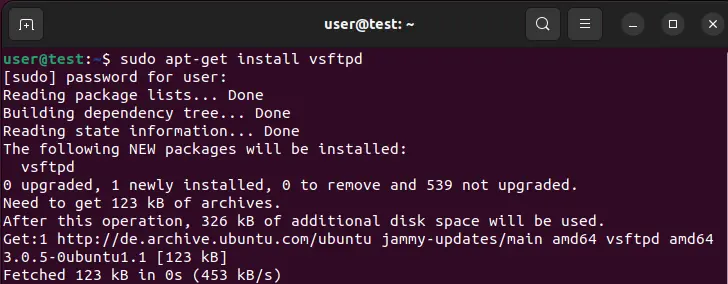 Instalação do vsftpd no terminal do Ubuntu 22.04 Imagem: Instalação do vsftpd no terminal do Ubuntu 22.04