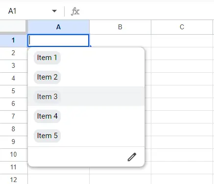Editar lista suspensa no Google Sheets com a ferramenta de edição integrada Imagem: Editar lista suspensa no Google Sheets com a ferramenta de edição integrada