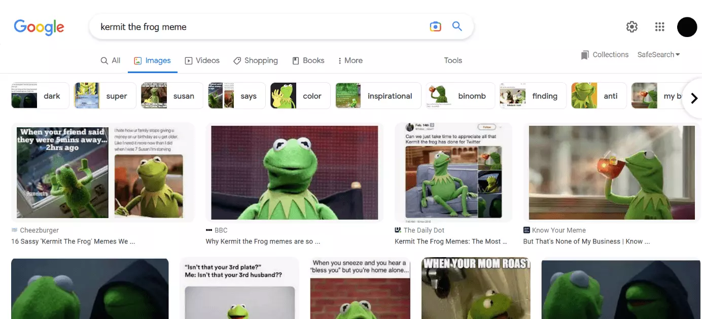 Captura de tela de pesquisa no Google por 'kermit the frog meme' Imagem: Captura de tela de pesquisa no Google por 'kermit the frog meme'