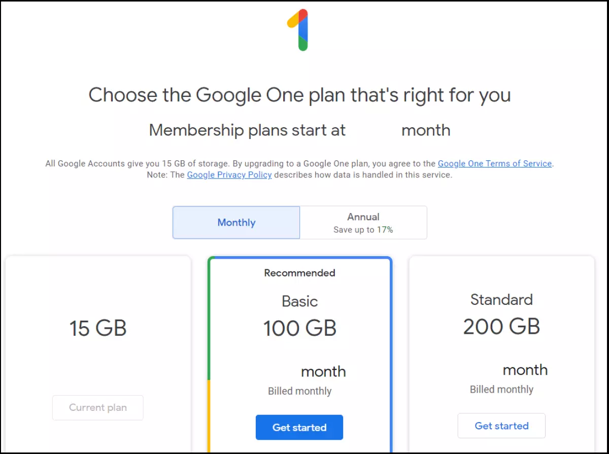 Visão geral dos planos do Google One Visão geral dos planos do Google One