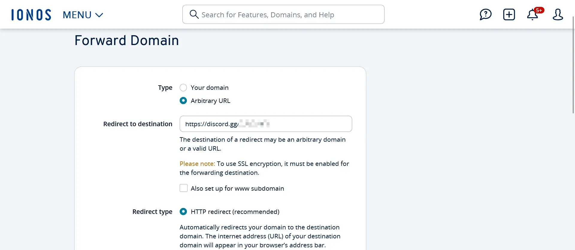 Imagem: Configurações de redirecionamento para o seu servidor do Discord com domínio próprio