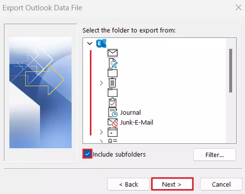 Assistente de importação e exportação do Outlook: Escolha da pasta para exportação Assistente de importação e exportação do Outlook: Escolha da pasta para exportação