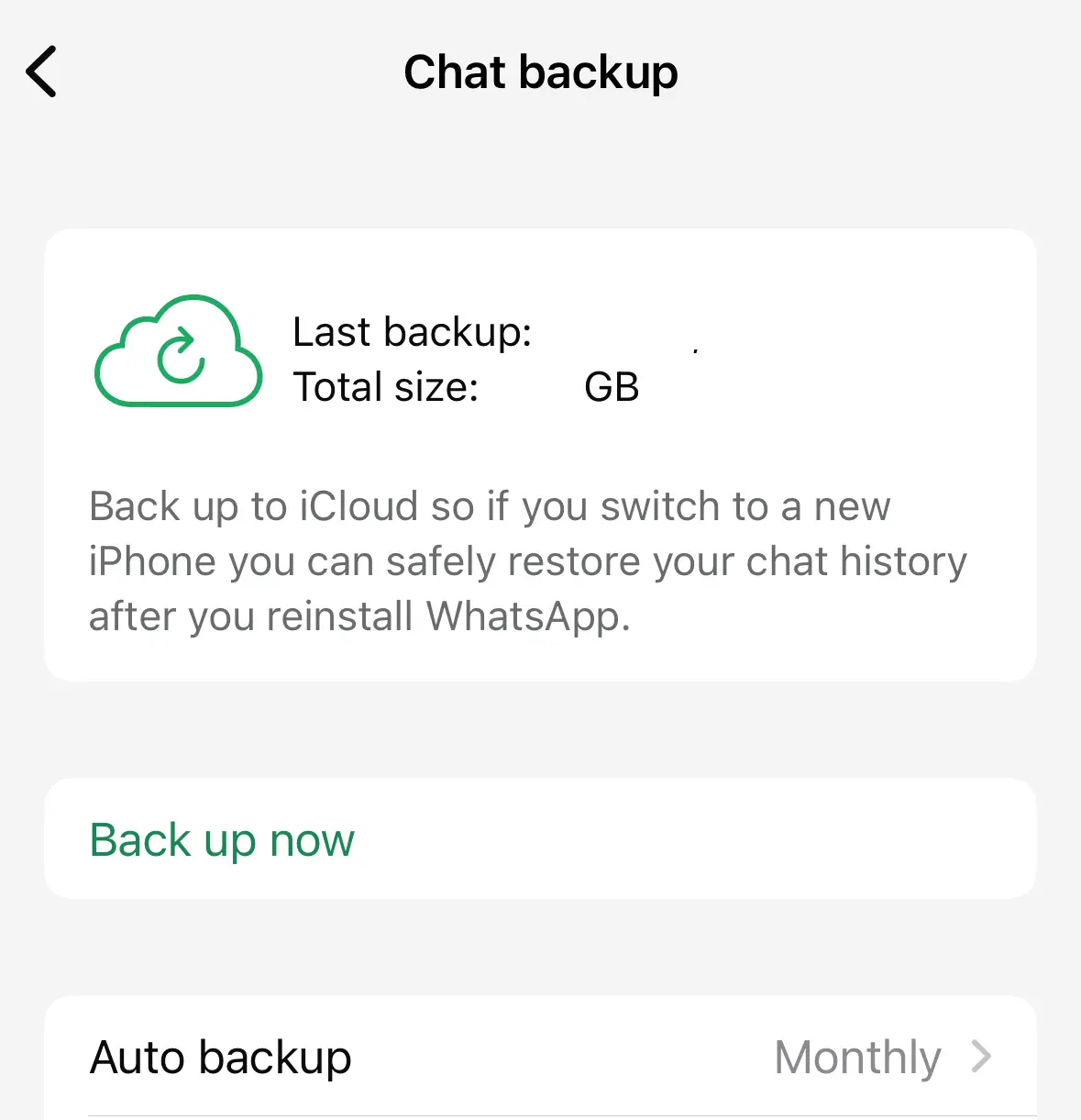 Captura de tela do iPhone, na área “Backup de Conversas” do WhatsApp, indicando a necessidade de login no iCloud Imagem: Captura de tela do iPhone, na área “Backup de Conversas” do WhatsApp, indicando a necessidade de login no iCloud