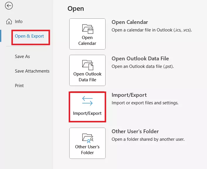 Menu Open & Export do Outlook Menu Open & Export do Outlook