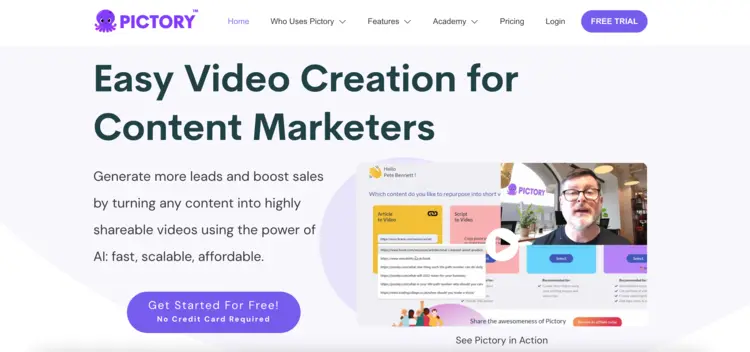 Captura de tela da página inicial do Pictory Captura de tela da página inicial do Pictory