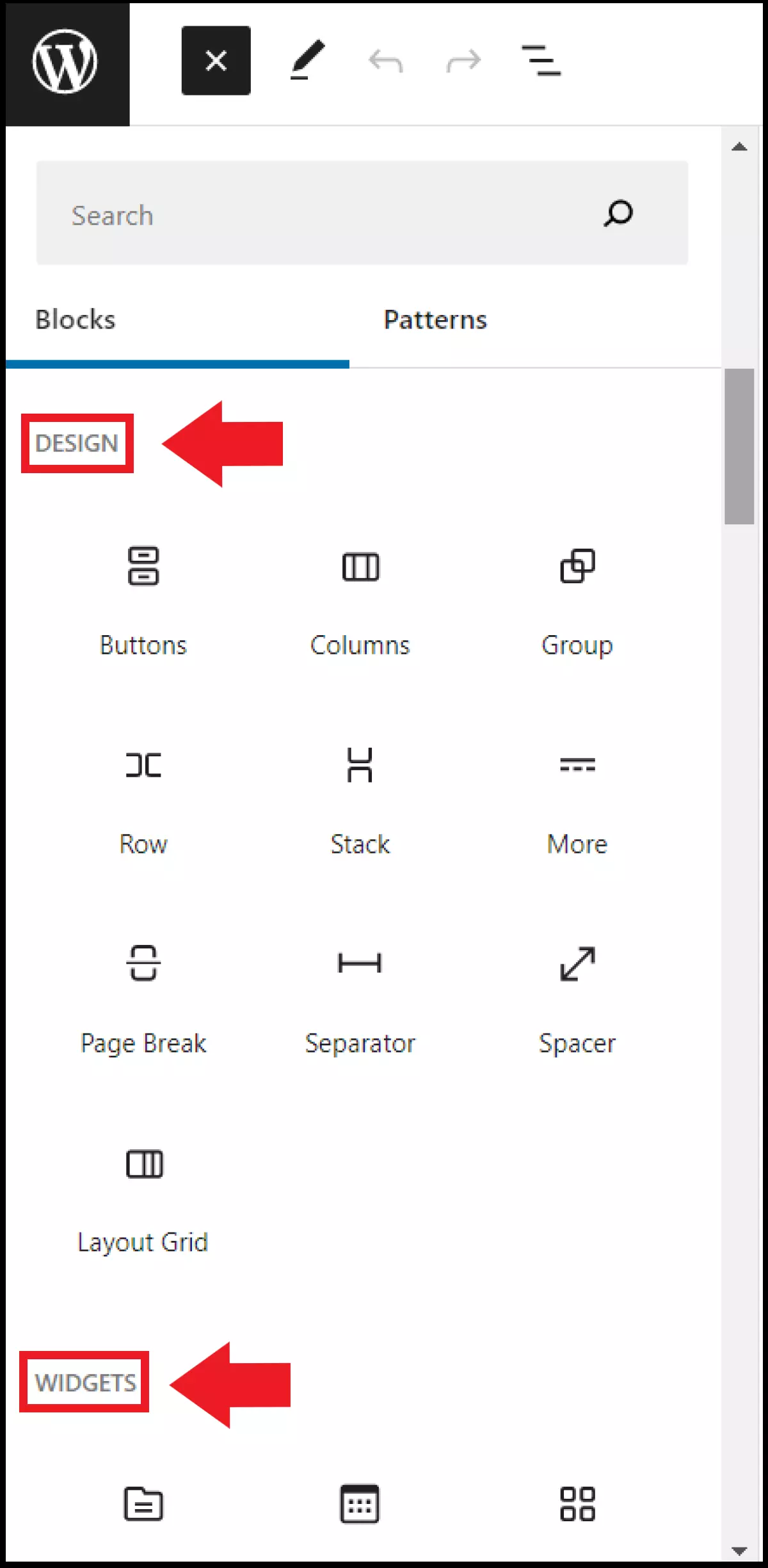 As seções “Design” e “Widgets” no menu do editor Imagem: As seções “Design” e “Widgets” no menu do editor
