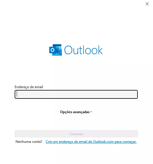 Janela do Outlook pede o endereço de e-mail a ser adicionado Janela do Outlook pede o endereço de e-mail a ser adicionado
