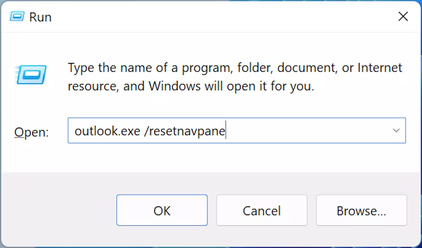 Entrada do comando outlook.exe /resetnavpane na caixa de diálogo Executar Entrada do comando outlook.exe /resetnavpane na caixa de diálogo Executar