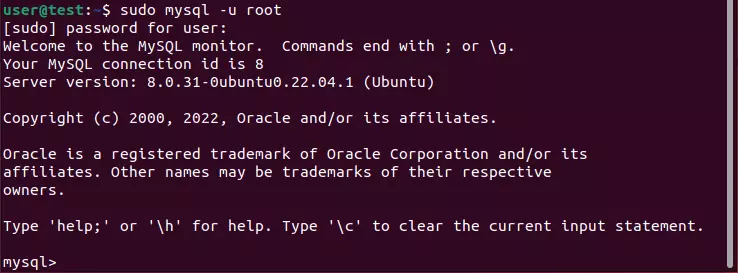Imagem: Login do MySQL no terminal do Ubuntu