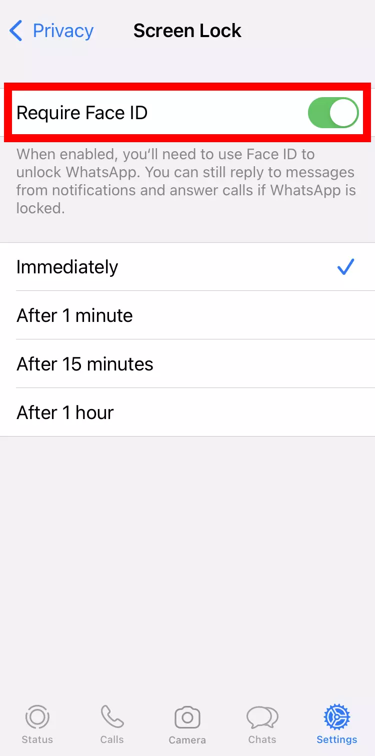 Imagem: Captura de tela do iPhone da opção de bloqueio de tela no WhatsApp