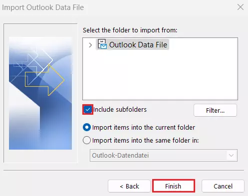 Assistente de importação e exportação do Outlook: Selecionando a pasta a ser importada Assistente de importação e exportação do Outlook: Selecionando a pasta a ser importada