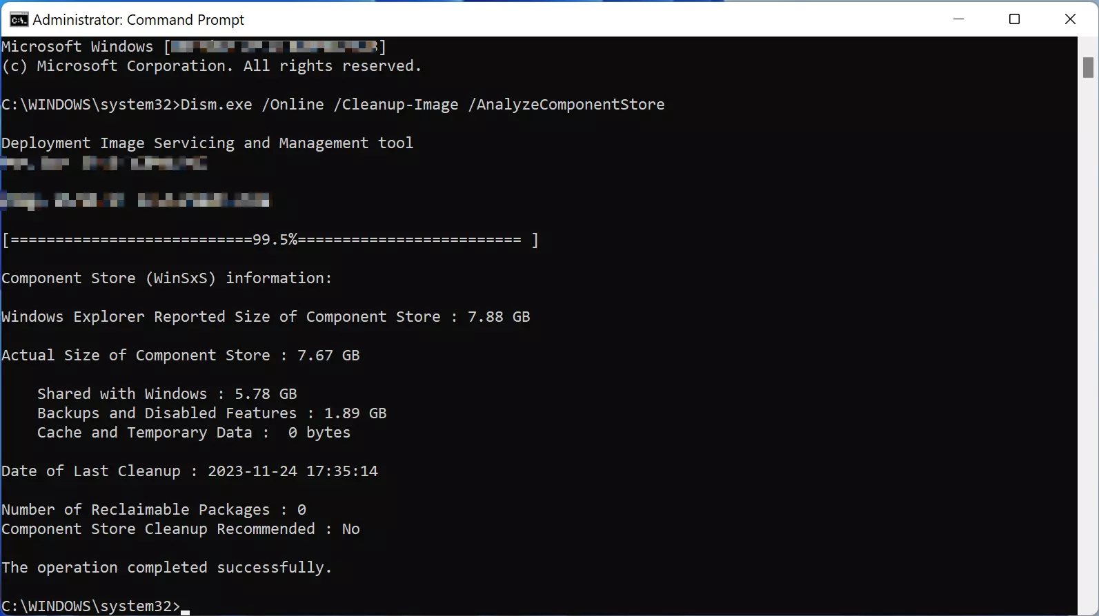 Imagem: Resultado do uso do comando “Dism.exe /Online /Cleanup-Image /AnalyzeComponentStore”