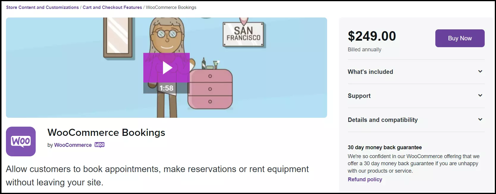 A página da Web do WooCommerce para o plug-in WooCommerce Bookings A página da Web do WooCommerce para o plug-in WooCommerce Bookings
