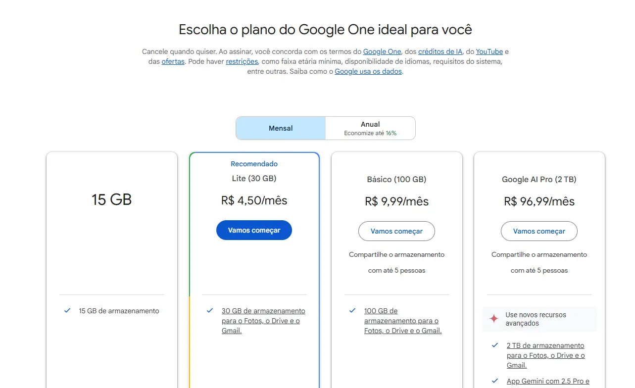 Imagem: Diferentes planos de assinatura do Google One