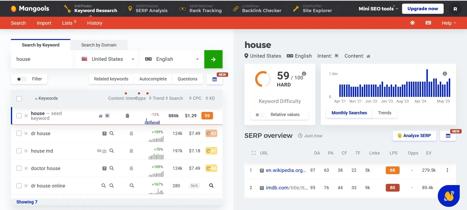 Imagem: Resultado da pesquisa por palavras-chave para o termo ”house“ no KWFinder