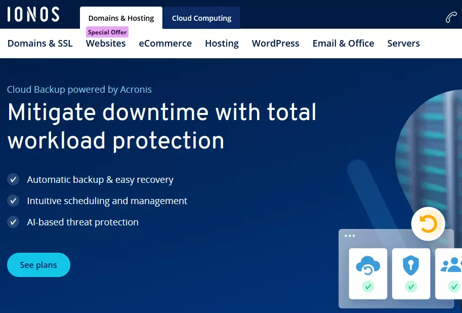Captura de tela da página do IONOS Cloud Backup Captura de tela da página do IONOS Cloud Backup