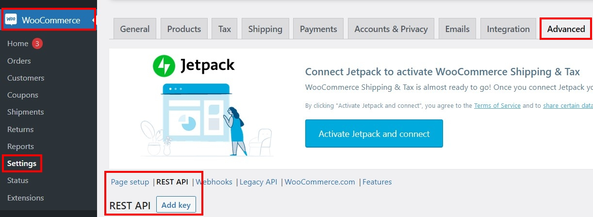 Imagem: Captura de tela do menu da API REST do WooCommerce no backend