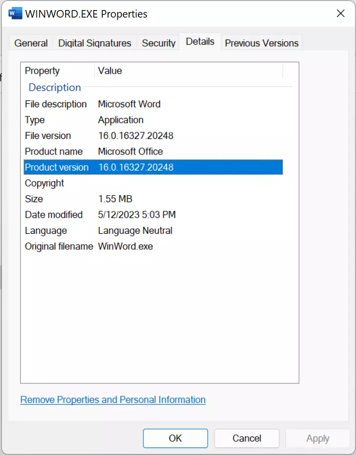 Propriedades do arquivo WINWORD.EXE Propriedades do arquivo WINWORD.EXE