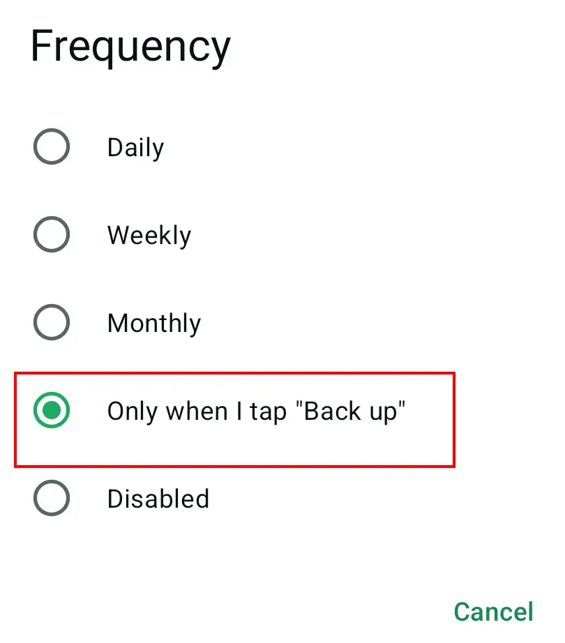 Imagem: Op&ccedil;&otilde;es de backup de conversas do WhatsApp no Google Drive