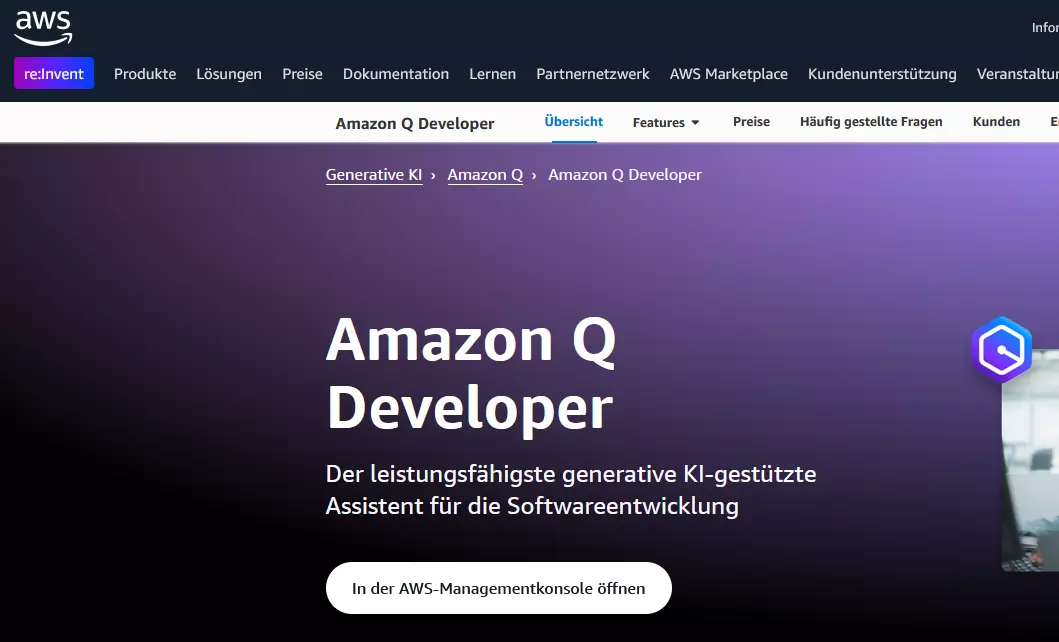Captura de tela do site Amazon Q Developer Imagem: Captura de tela do site Amazon Q Developer