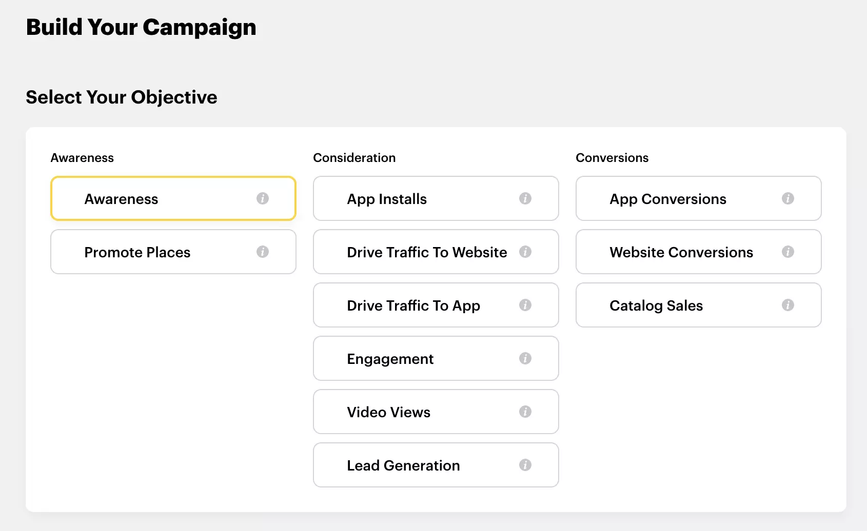 Captura de tela da página “Build Your Campaign” (Criar sua campanha) no Gerenciador de Anúncios Captura de tela da página “Build Your Campaign” (Criar sua campanha) no Gerenciador de Anúncios