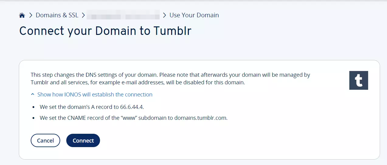 IONOS: Assistente de configuração do domínio do Tumblr IONOS: Assistente de configuração do domínio do Tumblr