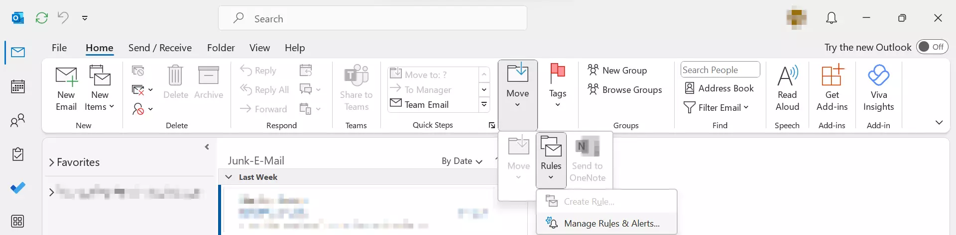 barra de menu do Outlook 365: Rules drop-down menu barra de menu do Outlook 365: Rules drop-down menu