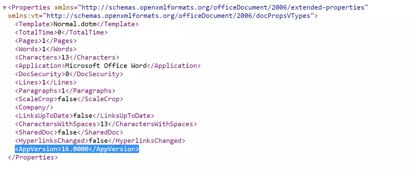 Número da versão do Office no arquivo app.xml Número da versão do Office no arquivo app.xml