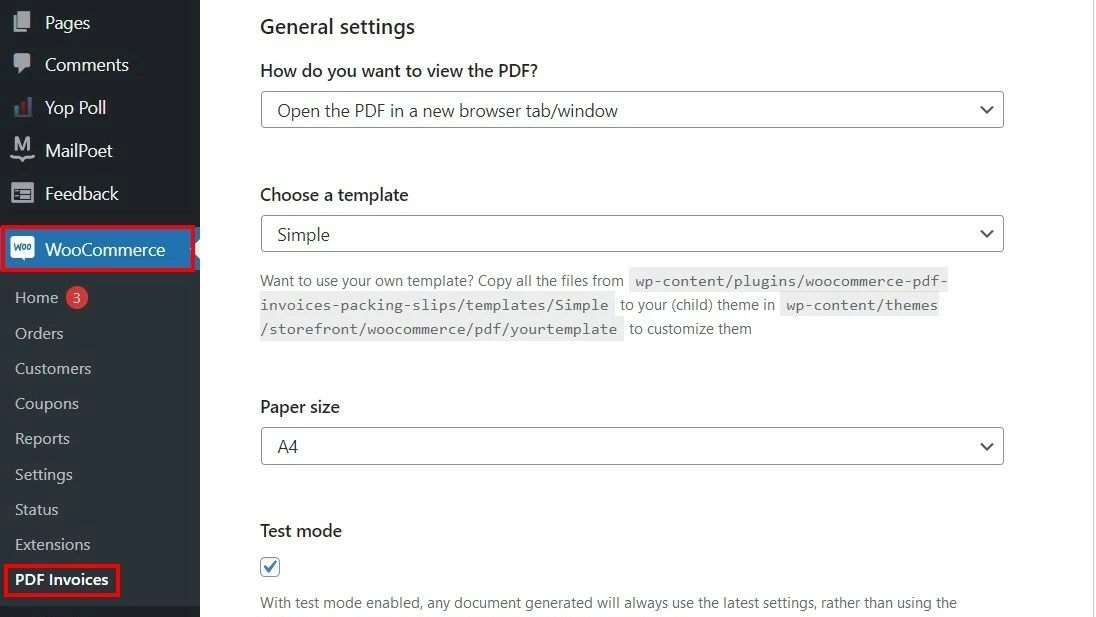 Captura de tela de “General settings” (Configurações gerais) no plug-in PDF Invoices Imagem: Captura de tela de “General settings” (Configurações gerais) no plug-in PDF Invoices