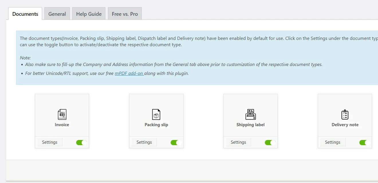 Captura de tela do WebToffee WooCommerce PDF Invoices, Packing Slips, Delivery Notes and Shipping Labels no backend do WordPress Captura de tela do WebToffee WooCommerce PDF Invoices, Packing Slips, Delivery Notes and Shipping Labels no backend do WordPress