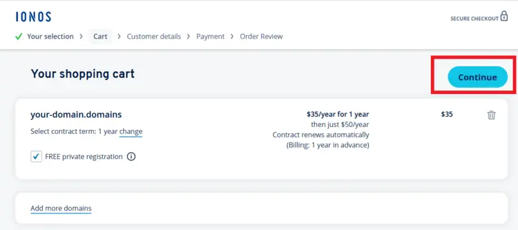 Como comprar um domínio com a IONOS: carrinho de compras Como comprar um domínio com a IONOS: carrinho de compras