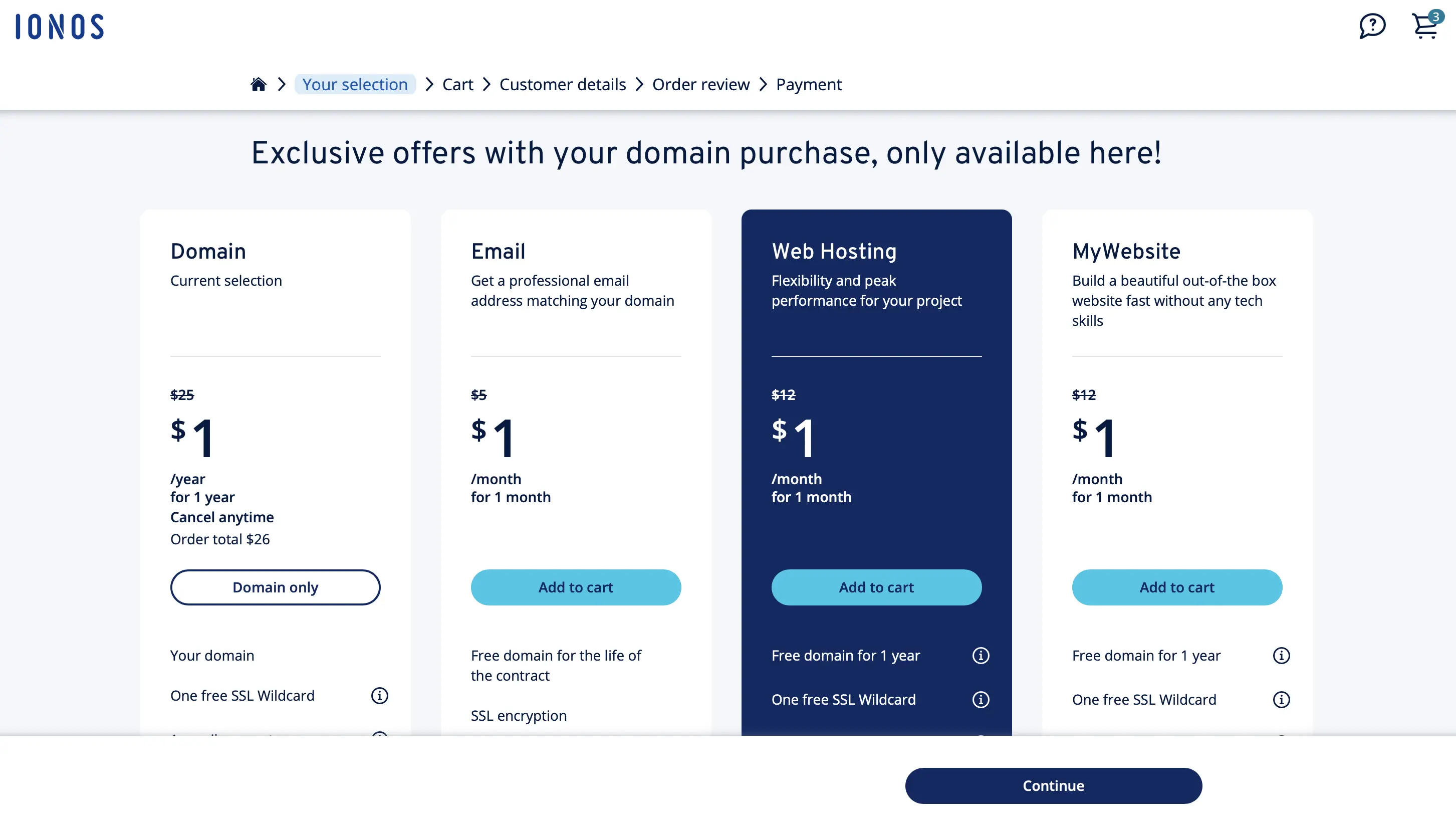 Imagem: Captura de tela da seleção de produtos na IONOS