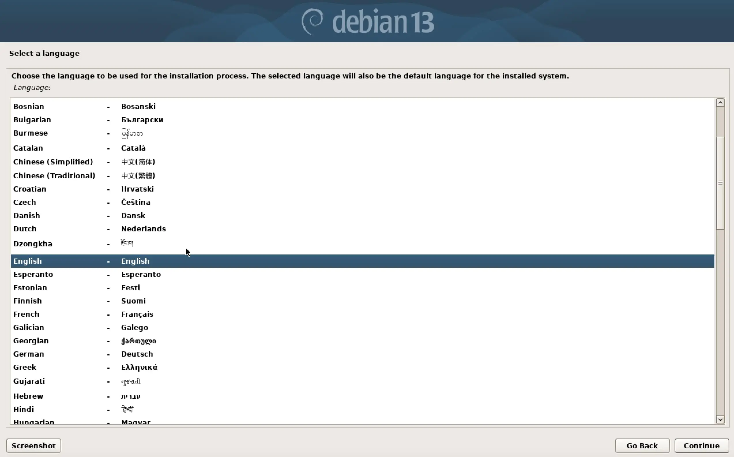 Imagem: Captura de tela da instala&ccedil;&atilde;o do Debian 13: sele&ccedil;&atilde;o de idioma