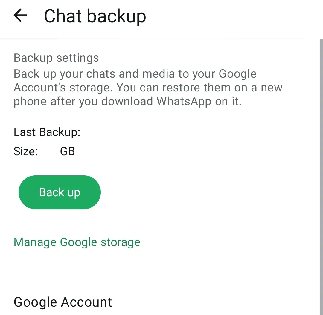 Captura de tela do menu de backup do WhatsApp no Android Imagem: Captura de tela do menu de backup do WhatsApp no Android