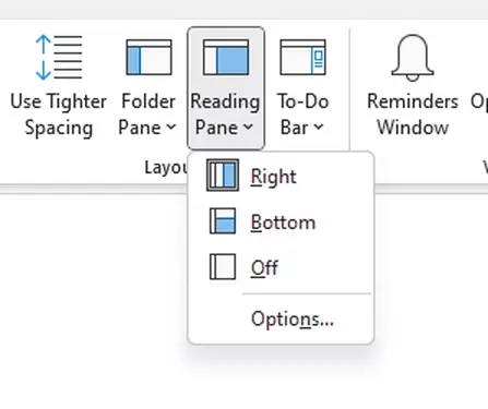Botão Painel de Leitura com opções de configuração na guia Exibir Botão Painel de Leitura com opções de configuração na guia Exibir