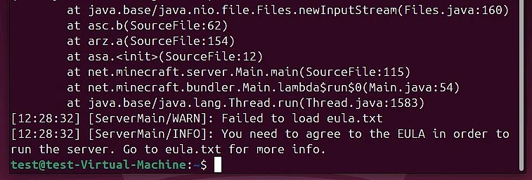 Imagem: Servidor Minecraft no Linux mostrando um erro na primeira inicialização