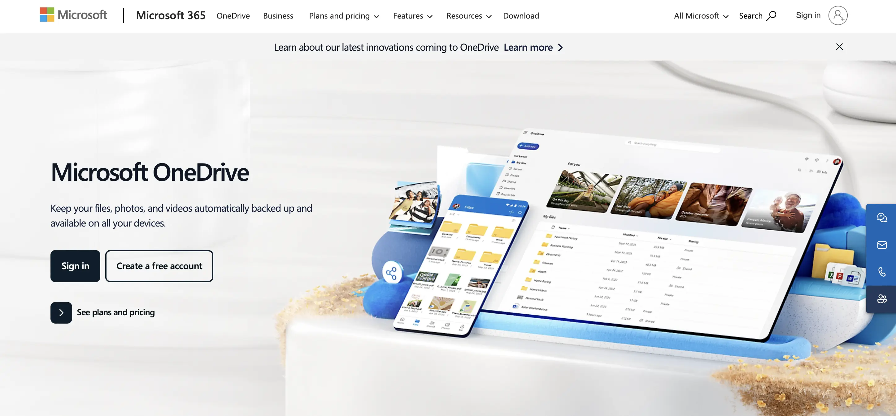 Captura de tela da página de apresentação do OneDrive Imagem: Captura de tela da página de apresentação do OneDrive