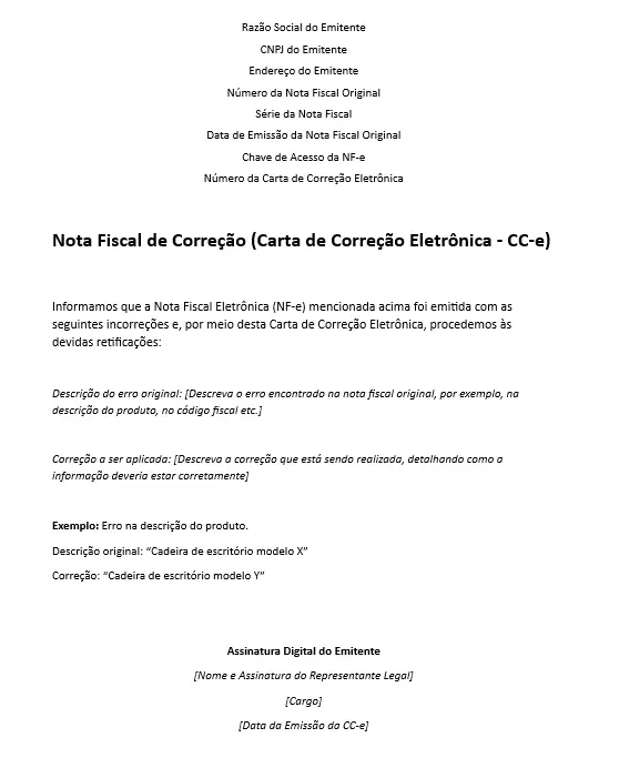Imagem: Modelo de nota fiscal de correção