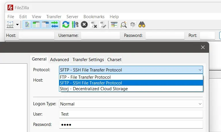 Gerenciador de servidores do FileZilla com o protocolo SFTP selecionado Imagem: Gerenciador de servidores do FileZilla com o protocolo SFTP selecionado