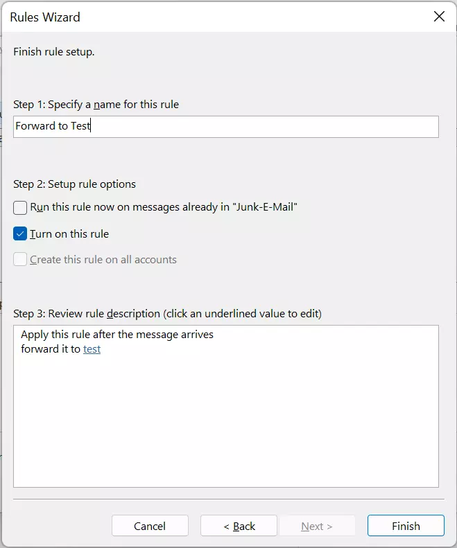 Outlook 365: Assistente de Regras - Resumo da regra e botão Concluir Outlook 365: Assistente de Regras - Resumo da regra e botão Concluir