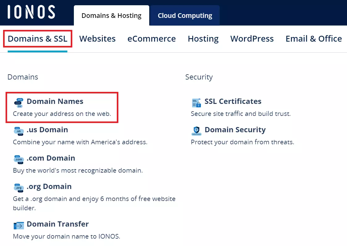 IONOS: Opção para nomes de domínio IONOS: Opção para nomes de domínio