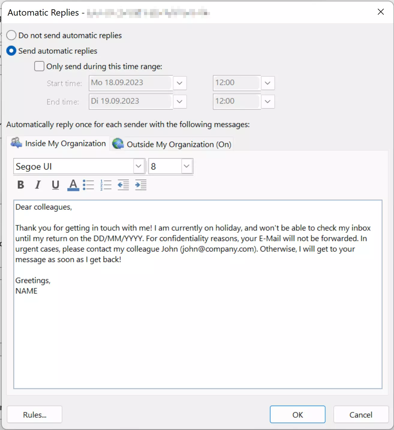 Janela para configurar uma mensagem de ausência no Outlook Janela para configurar uma mensagem de ausência no Outlook
