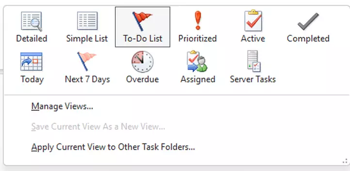 A listagem de possíveis opções de exibição de tarefas no menu Change View A listagem de possíveis opções de exibição de tarefas no menu Change View