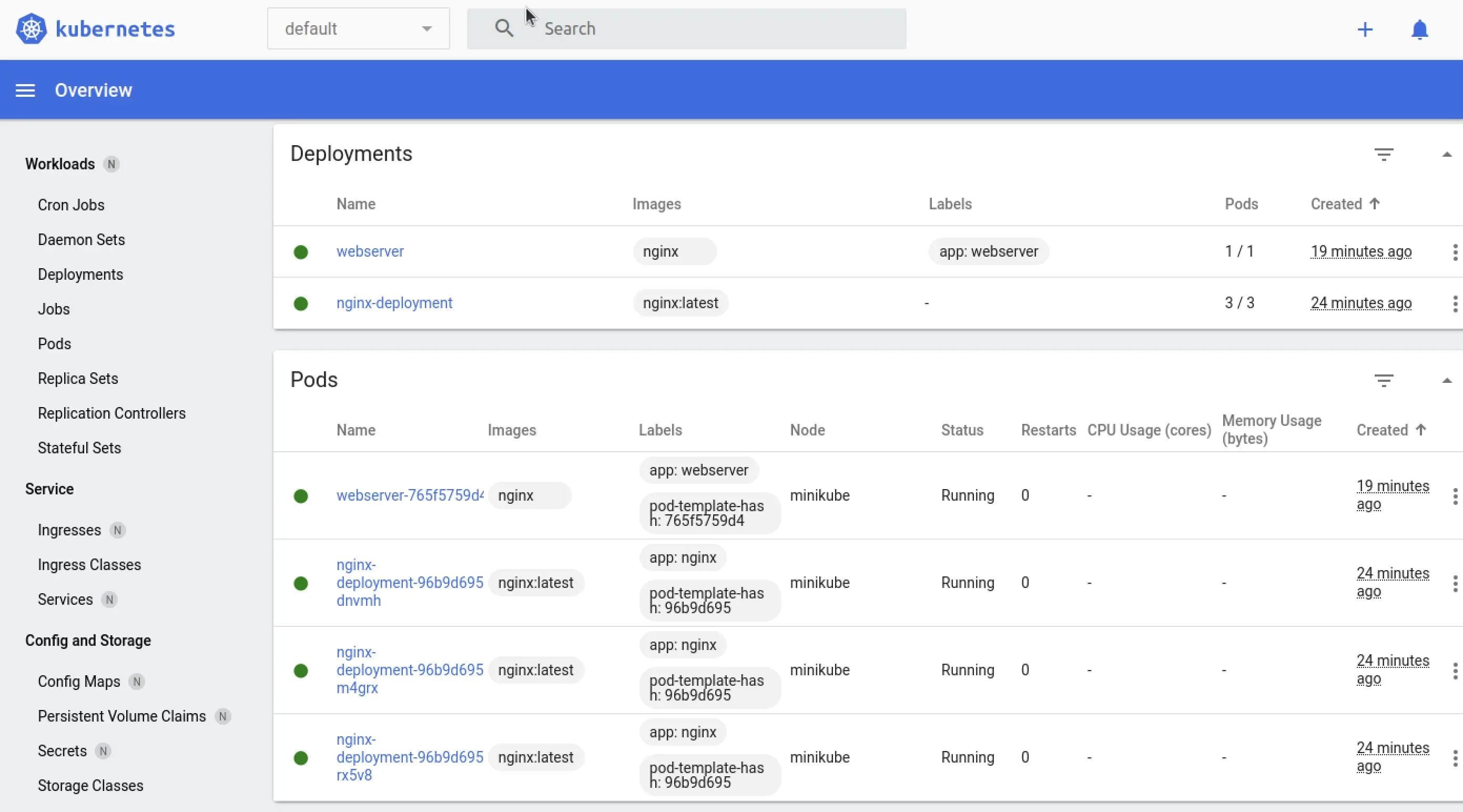 Imagem: Dashboard do Kubernetes com deployment e três pods