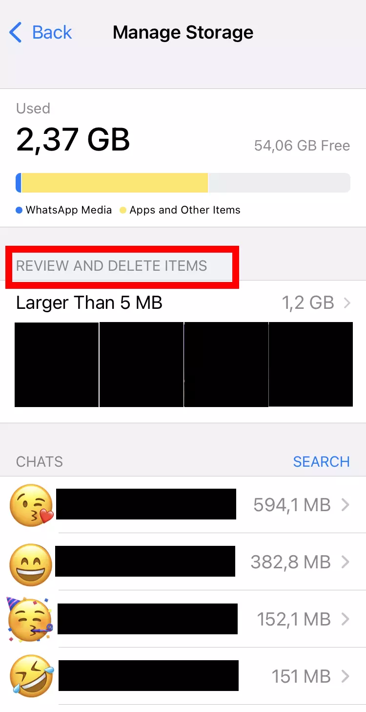 Imagem: Captura de tela do iPhone de como gerenciar o armazenamento no WhatsApp
